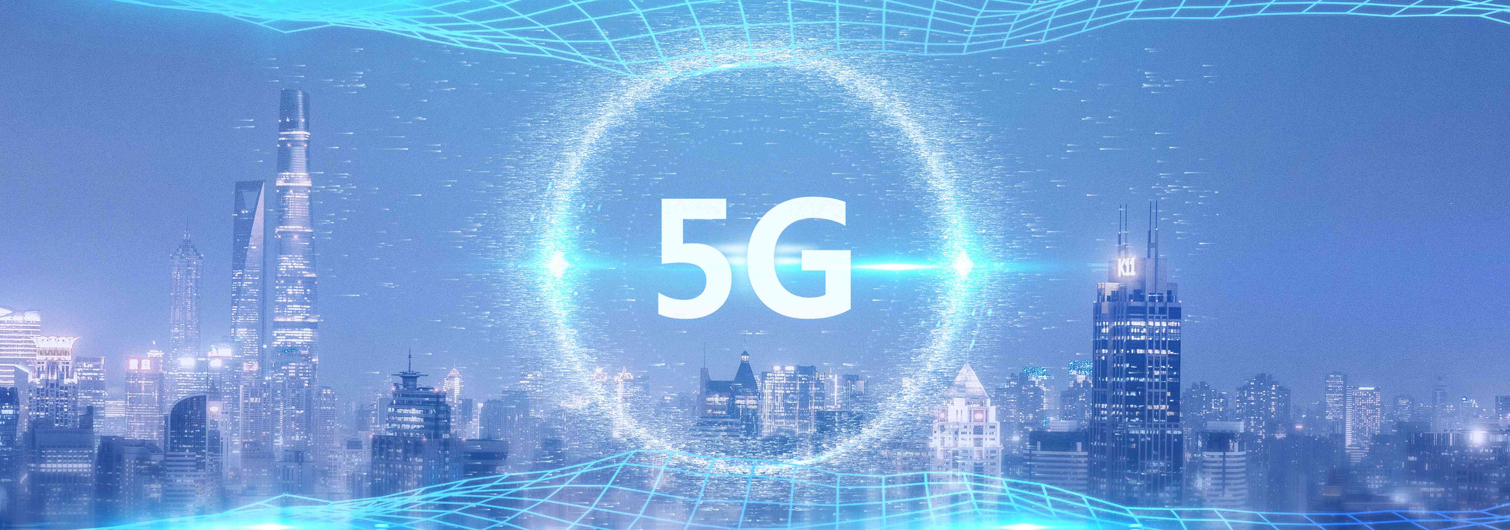 The term “5G” encircled and superimposed over a city backdrop with wavy lines