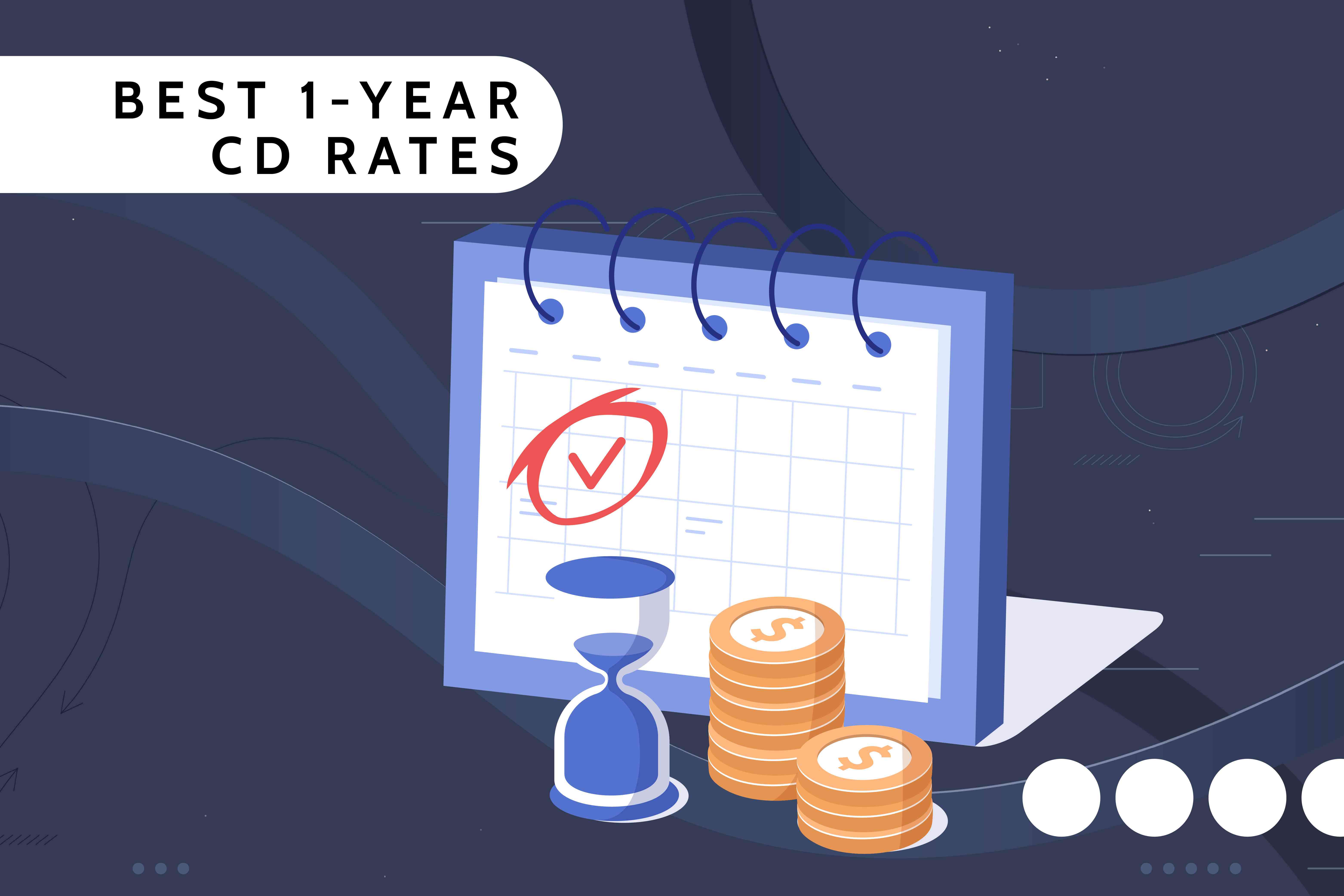 illustration of a calendar, hourglass, and stacks of coins with the words, "Best 1-year CD Rates."