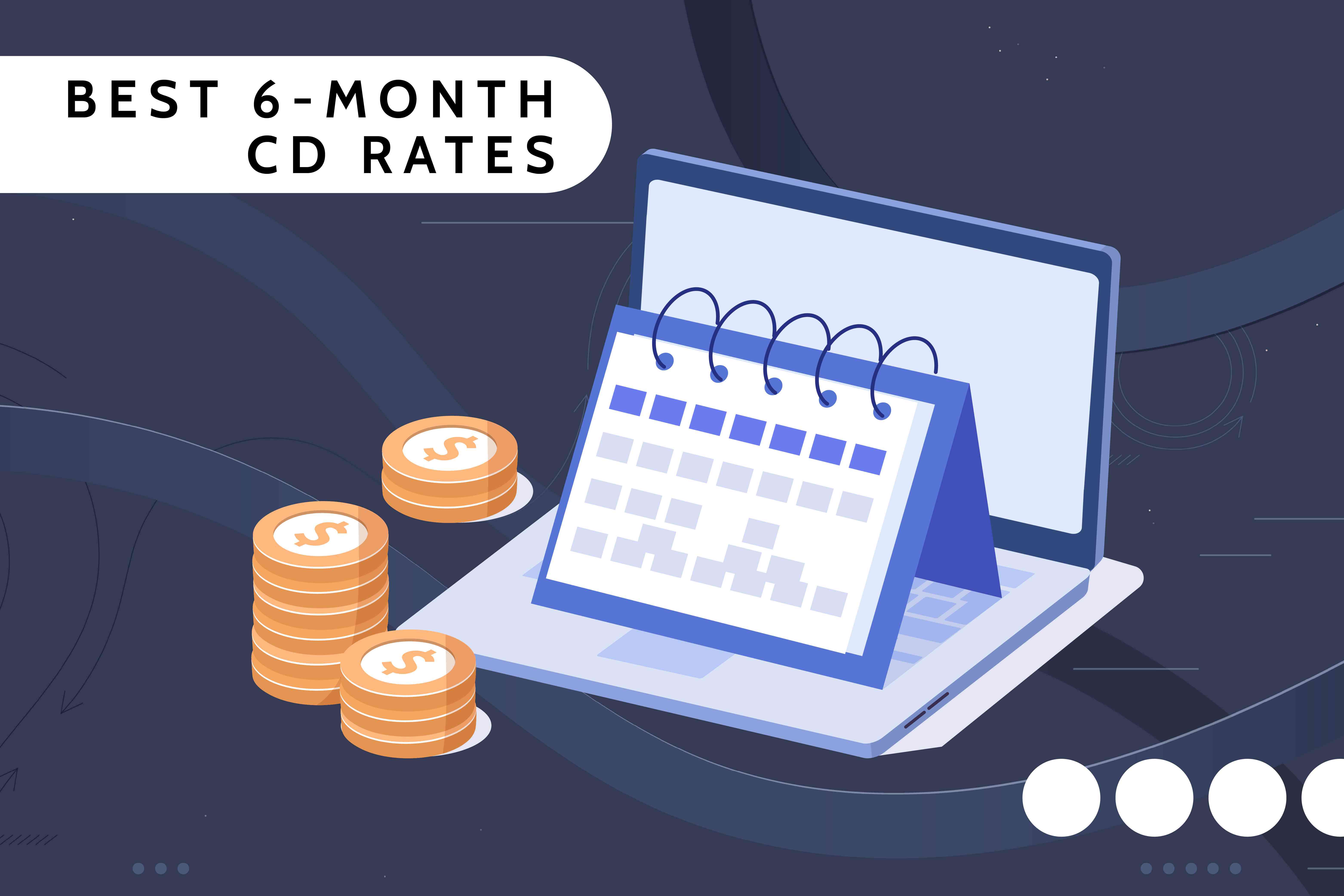 Investopedia custom visual asset shows a calendar, a laptop and piles of change, with the title Best 6-Month CD Rates