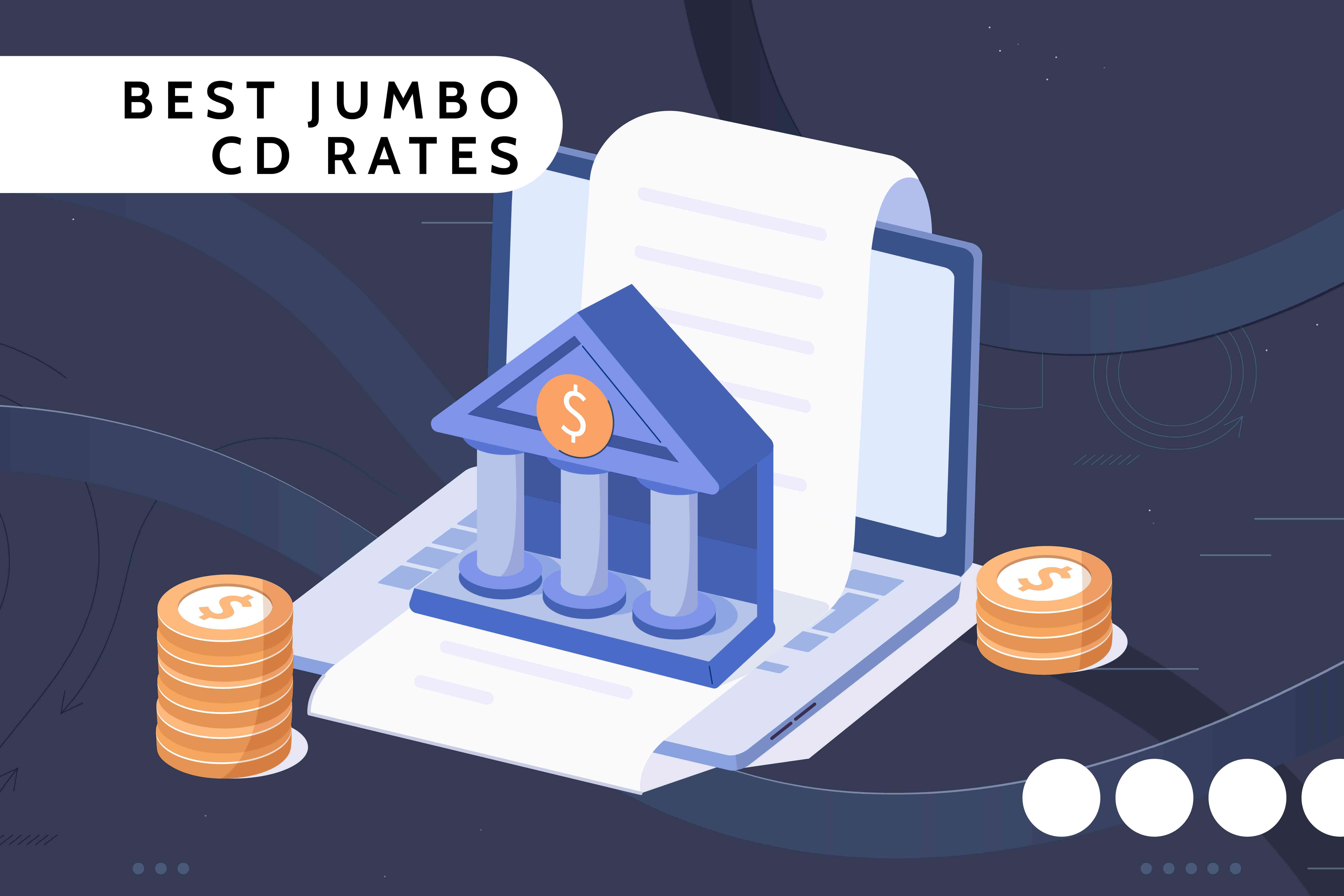 Investopedia custom visual asset showing a bank, laptop and coin, with the title "Best jumbo CD rates"