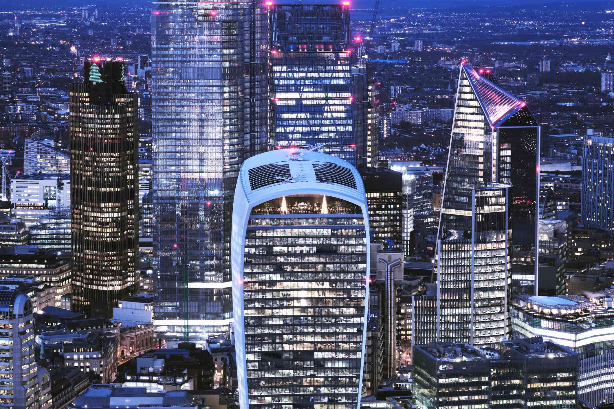 Bird's eye view of London financial district at night