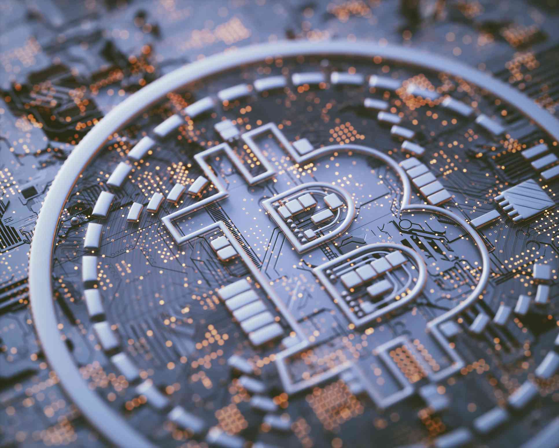Bitcoin logo on circuit board, illustration