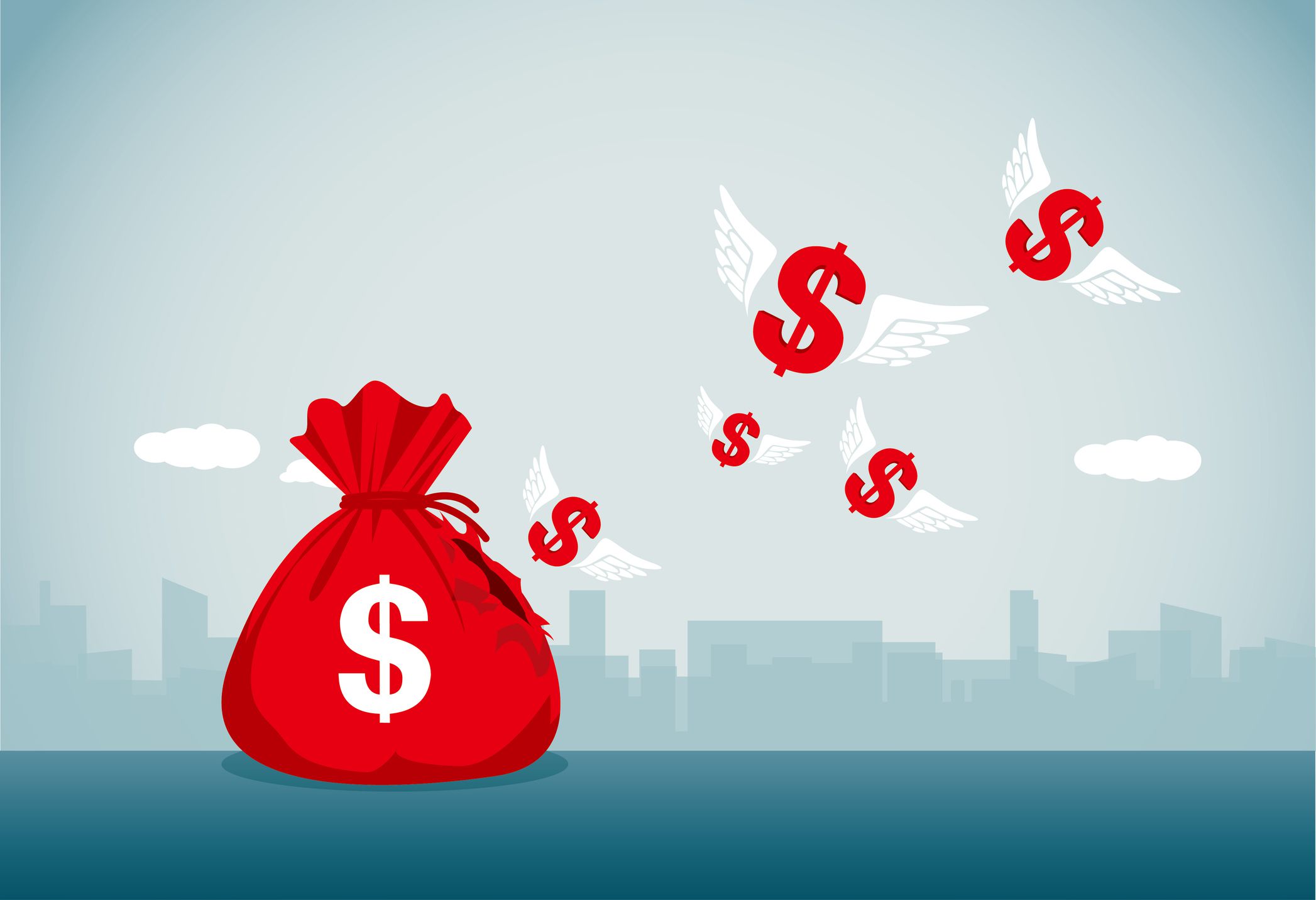 Dollars flying away from a bag of money - Investing costs concept illustration