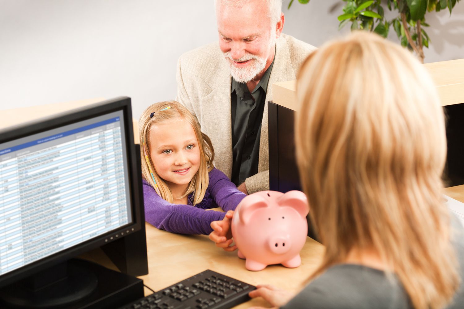Child Handing Coin Piggy Bank, Opening Bank Account With Teller