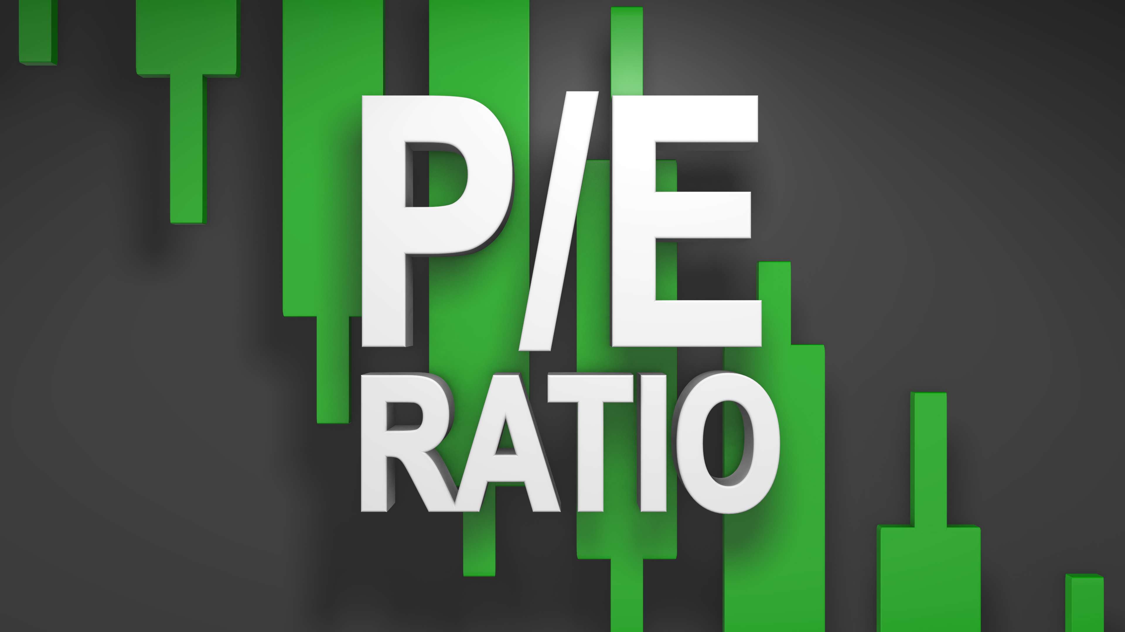 P/E ratio, price to earnings ratio 3D title for stock market.