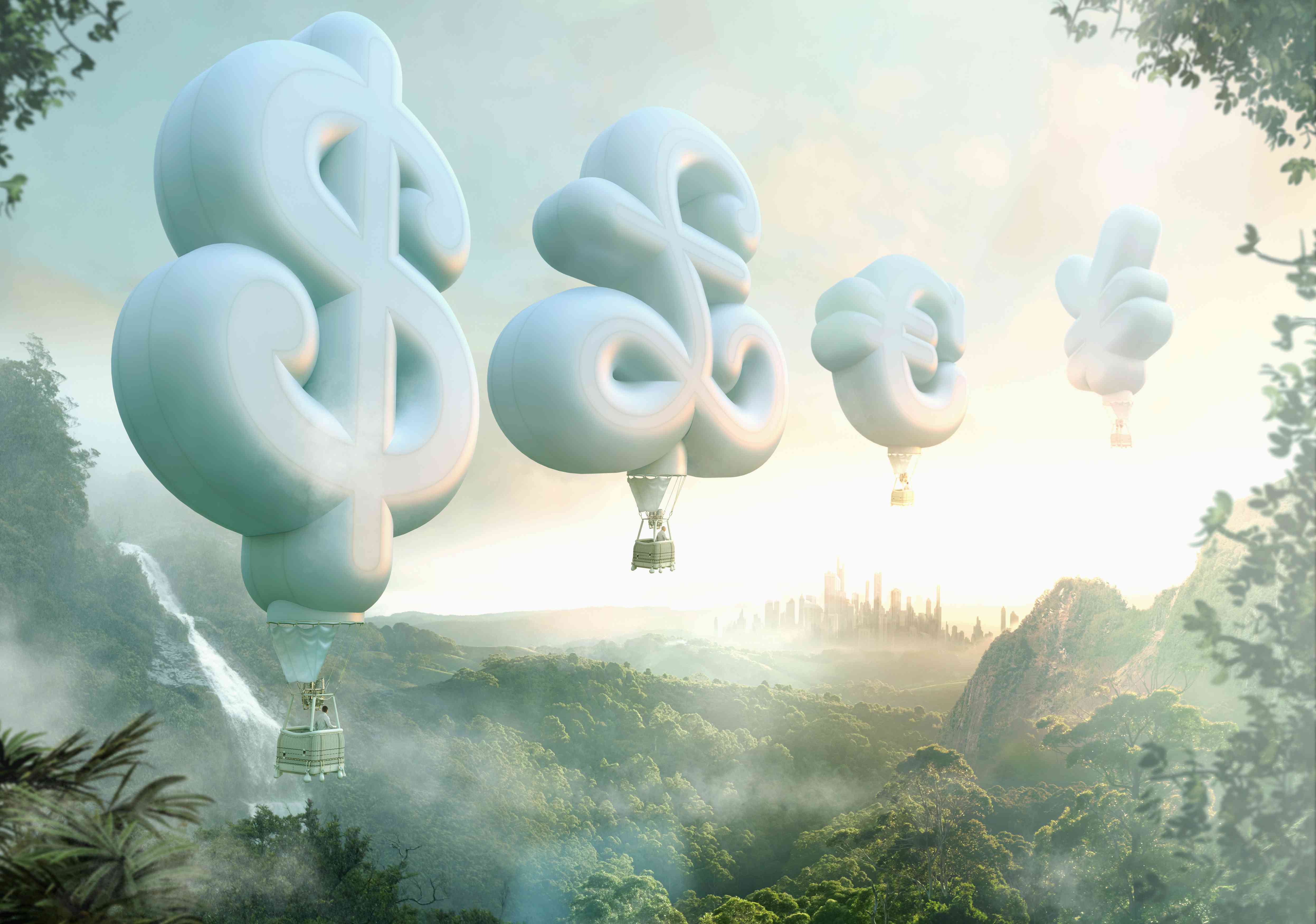 People floating in currency symbol hot air balloons