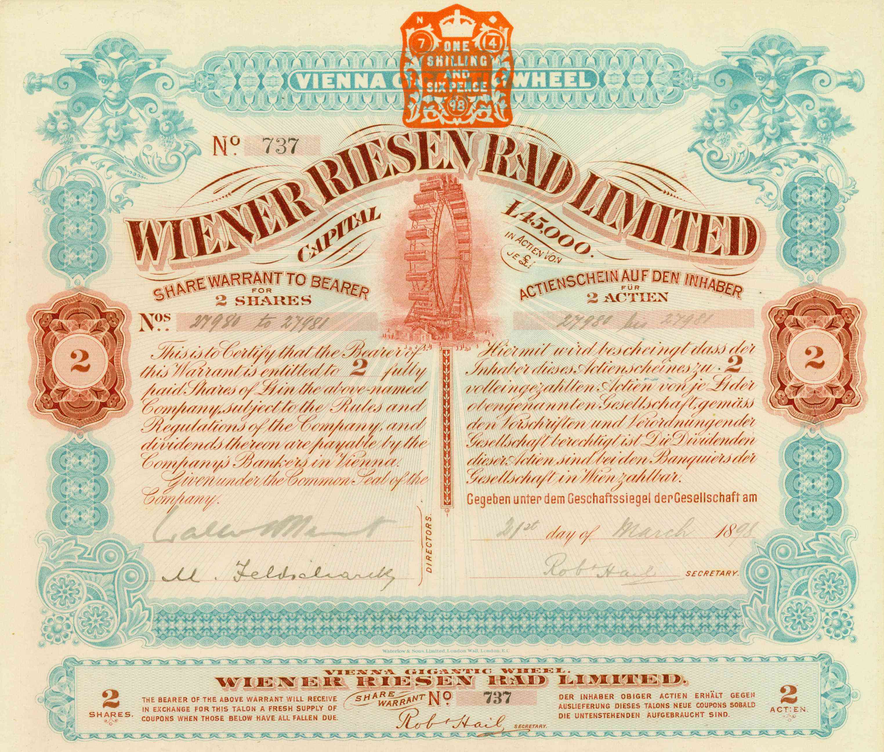 Share of the Wiener Riesen Rad Ltd., issued 21. March 1898